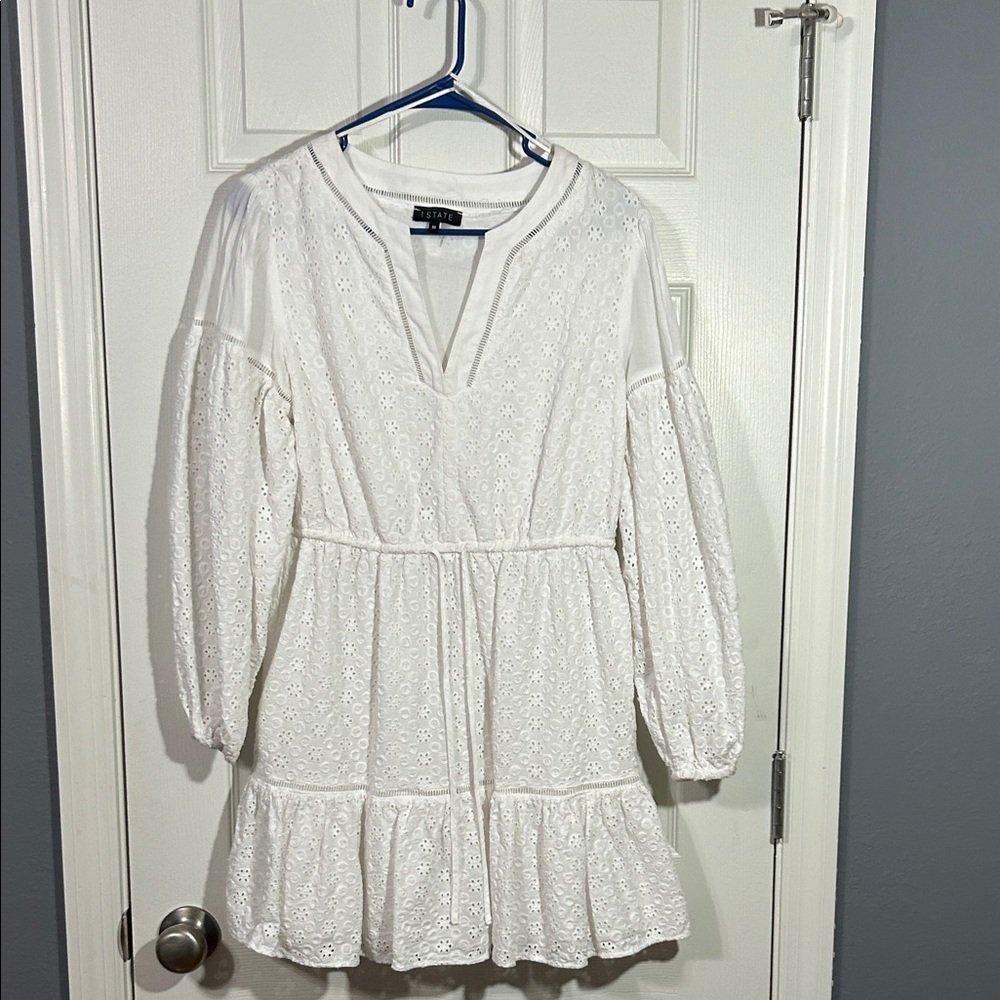 1. State White Long Sleeve Eyelet V-Neck Dress with tiers. Size Medium